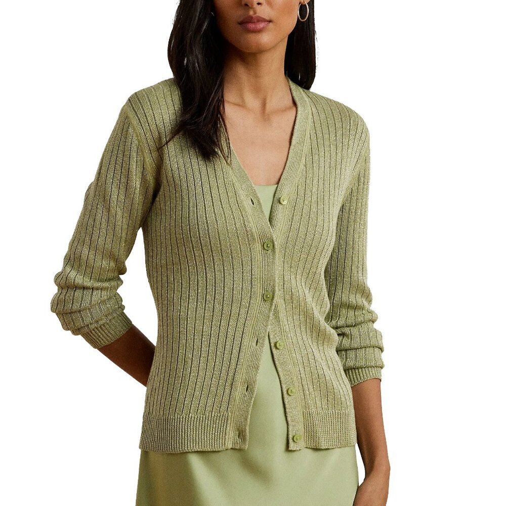NWT Lauren Ralph Lauren Women's Metallic Linen Blend Rib-Knit Cardigan